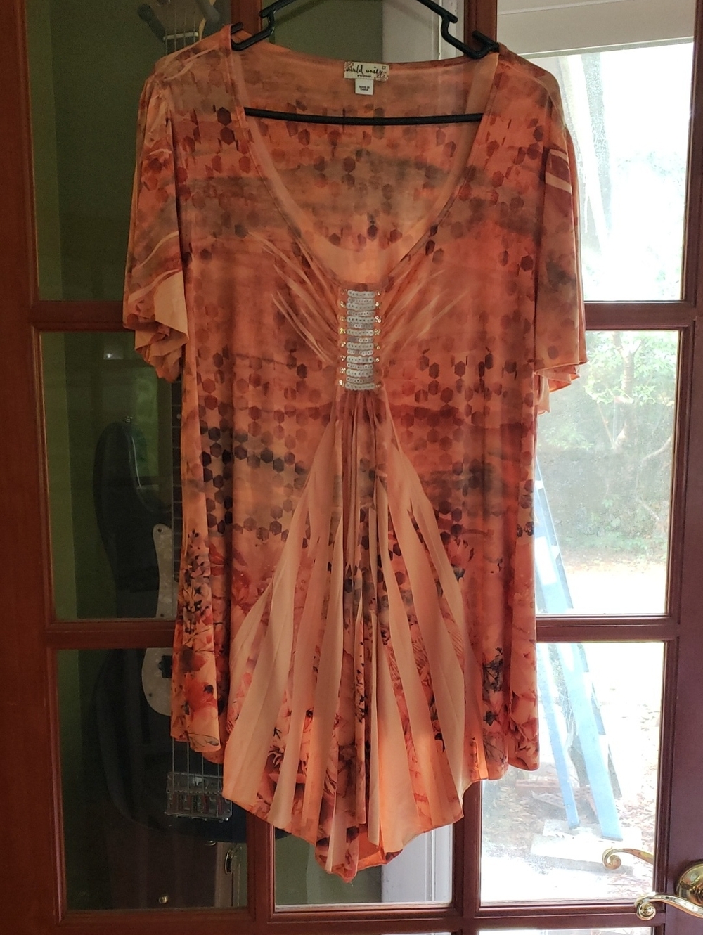 Sequin-Accent Peach Printed Short Sleeve Tunic